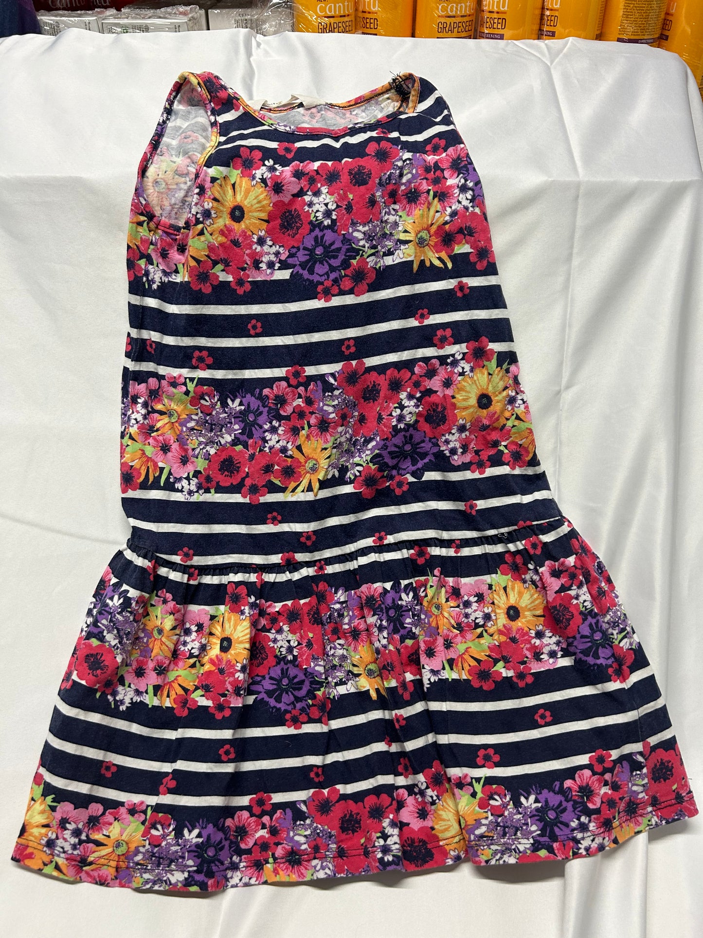 Kids 4-5 Navy and White with flowers stripey dress