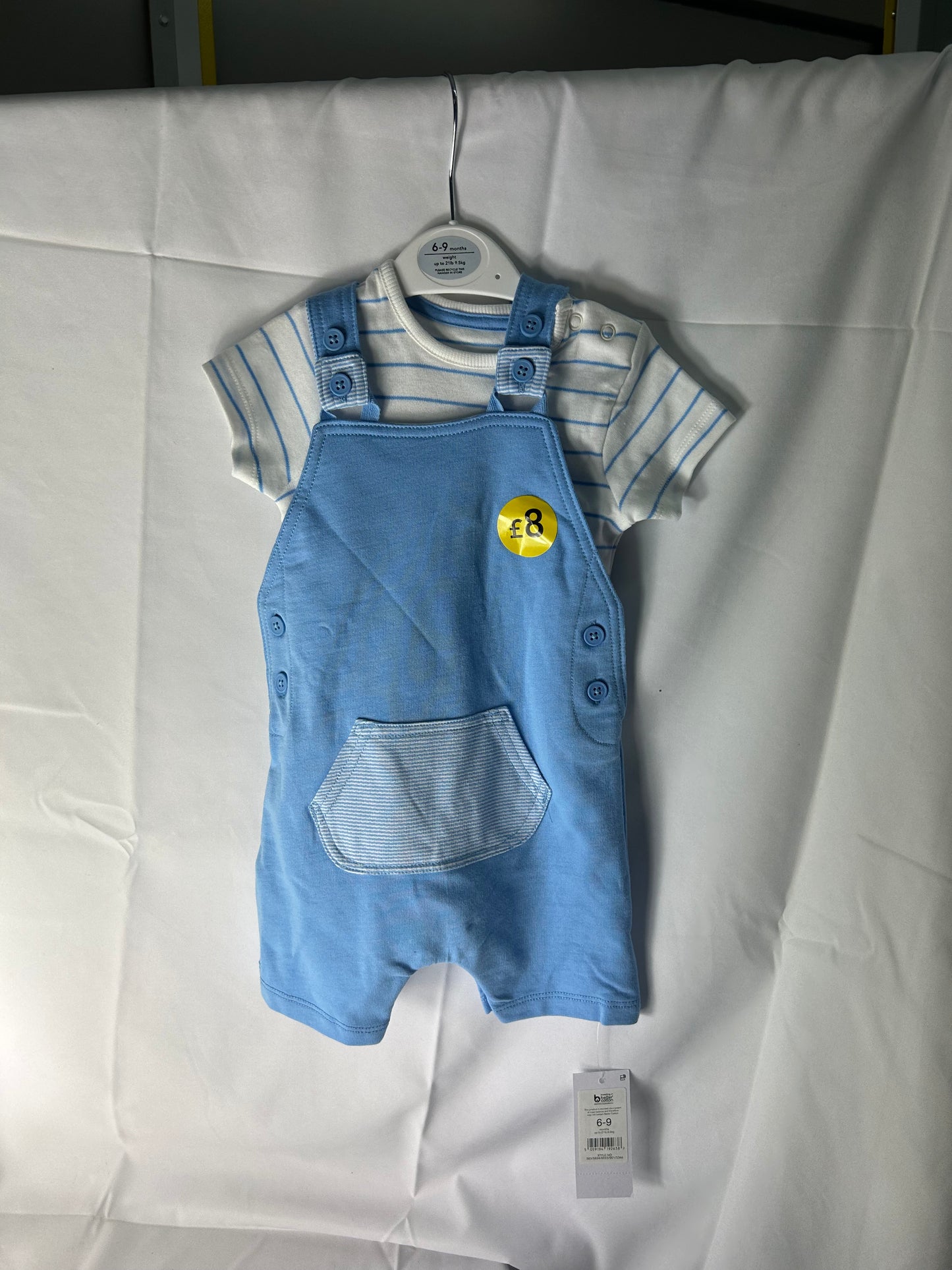 Kids size 6-9 - blue dungarees and stripe top set George@Asda