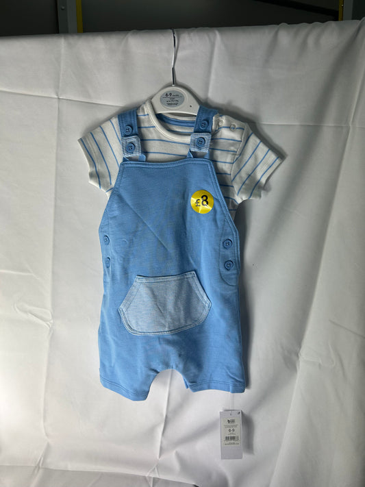 Kids size 6-9 - blue dungarees and stripe top set George@Asda