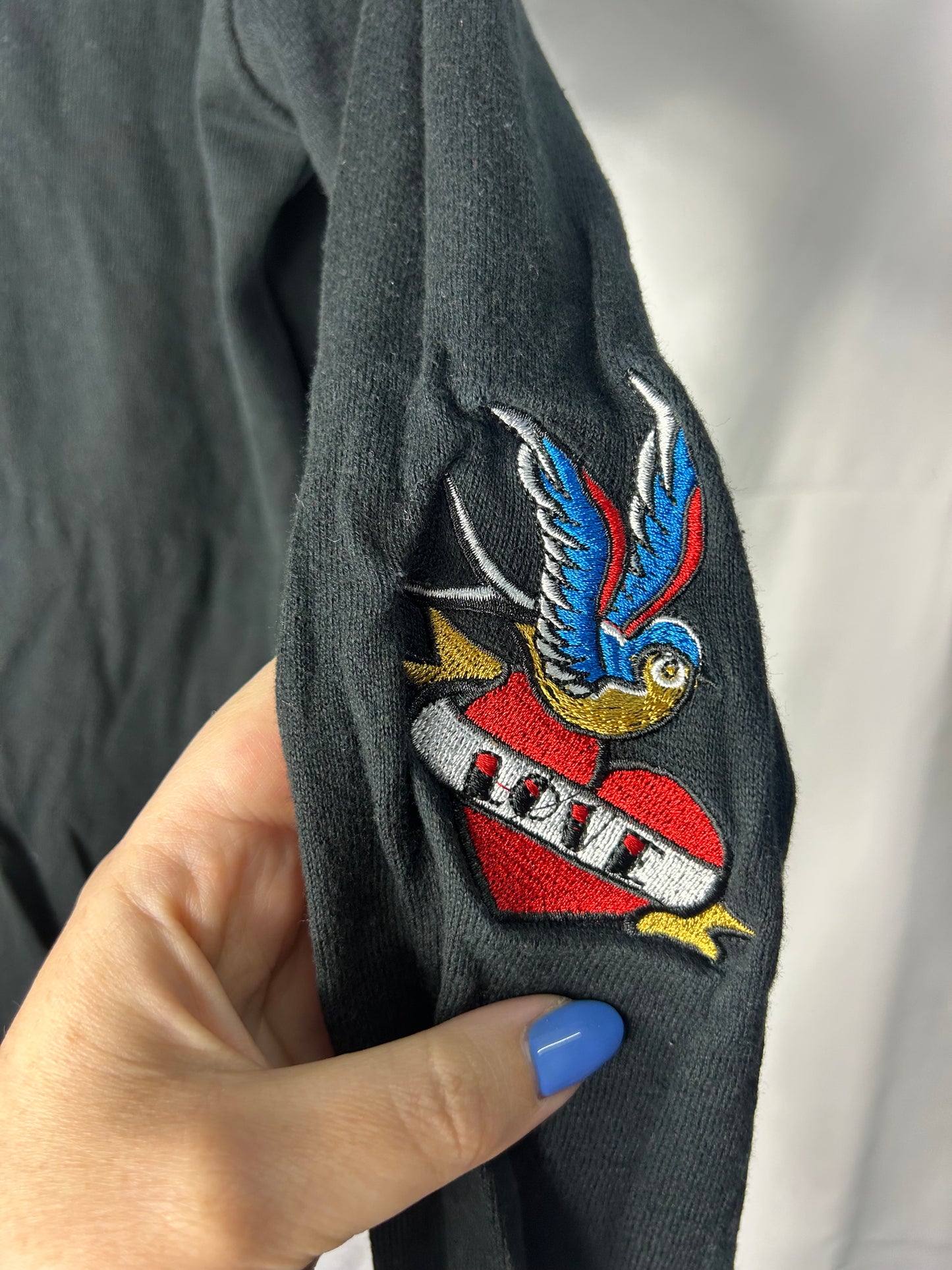 Ladies size 8 - ASOS long black sleeve top with bird patches