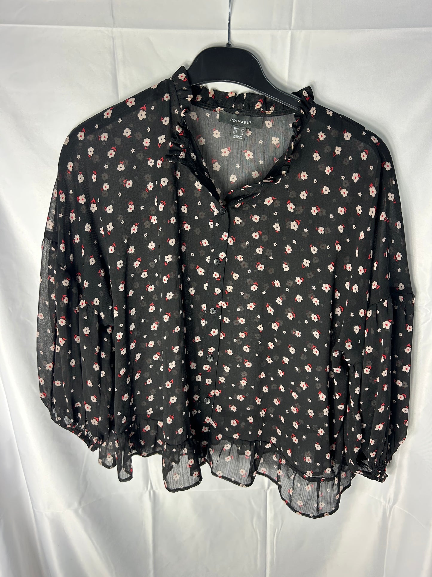 Ladies size 16 - Primark black mesh top with red and beige flowers