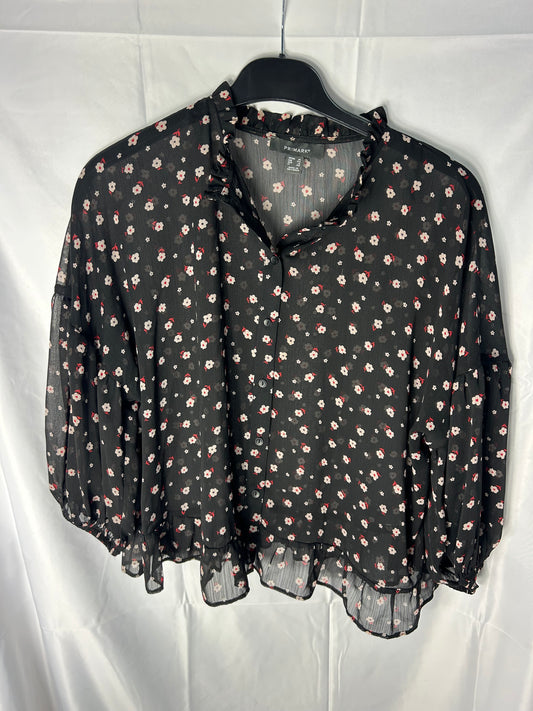 Ladies size 16 - Primark black mesh top with red and beige flowers