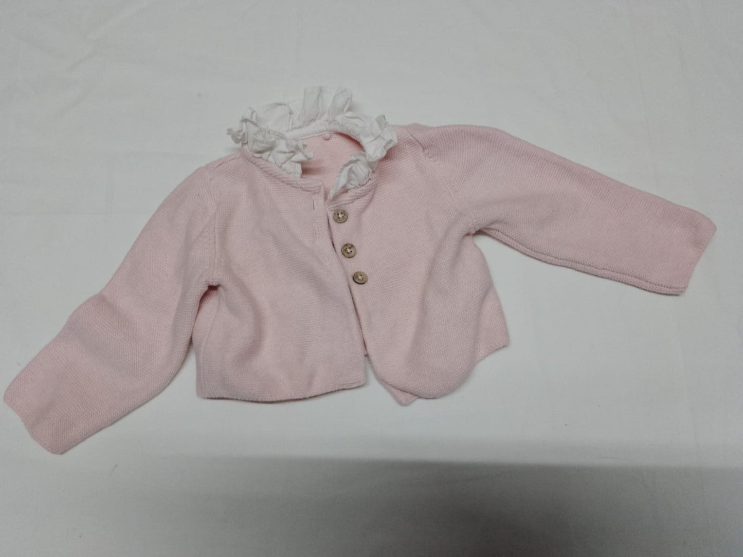 Baby 0-3 months pink frilly, white collar, cardigan