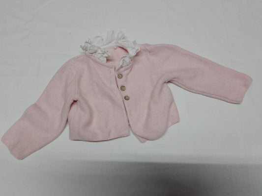 Baby 0-3 months pink frilly, white collar, cardigan