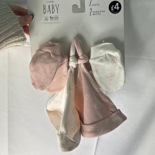 Baby - Age 0-3 months - Hat and scratch mitts x 2 set - pink - George@Asda