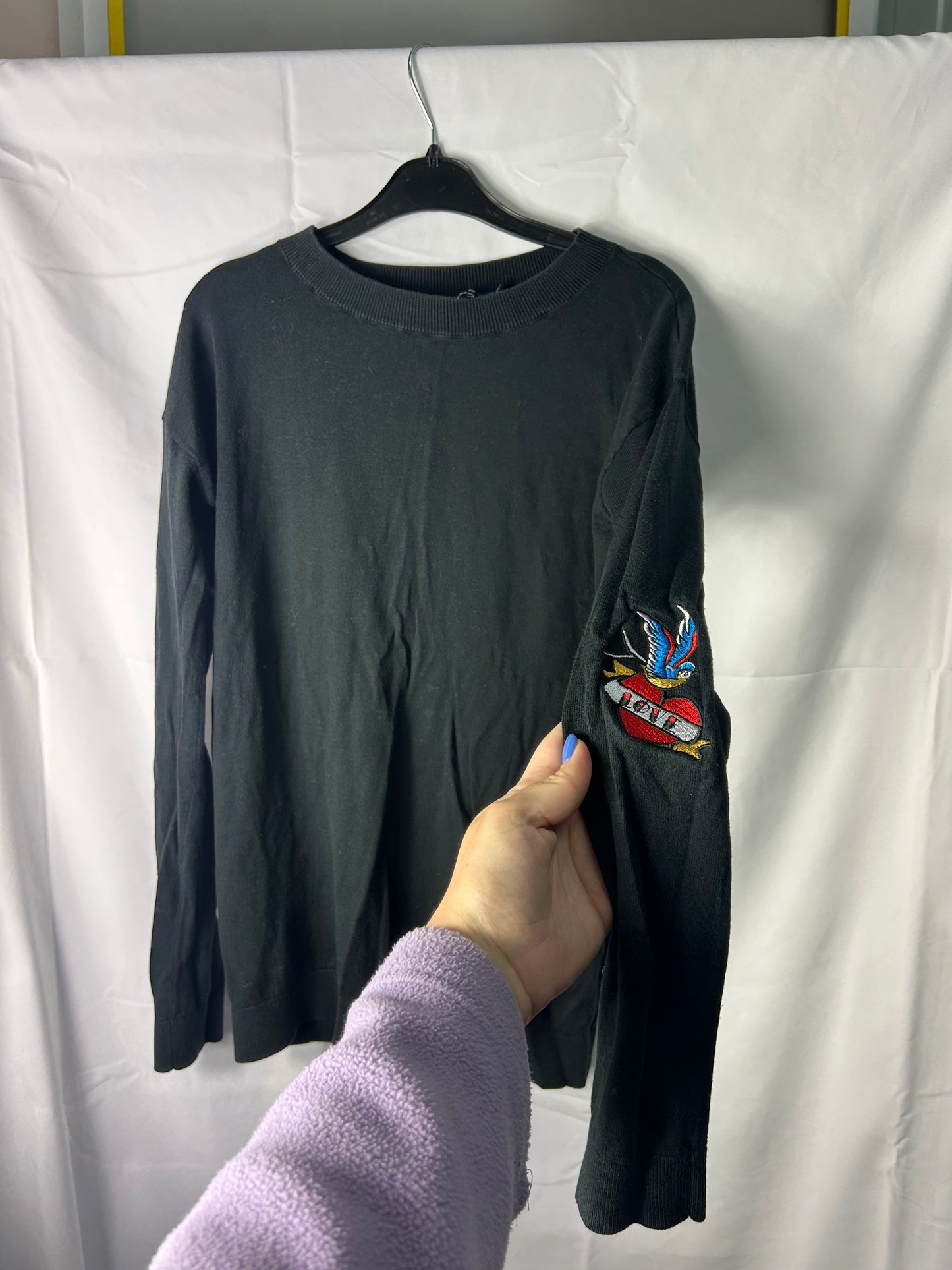 Ladies size 8 - ASOS long black sleeve top with bird patches