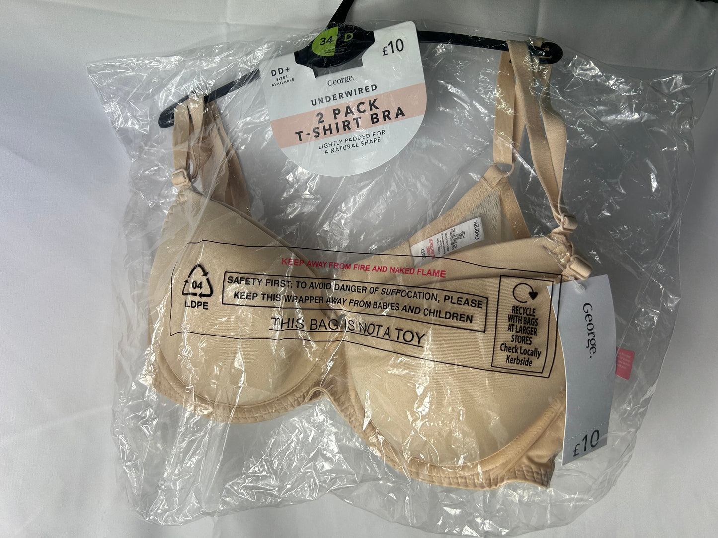 Ladies size 34D - Beige Padded T-Shirt Bra 2 pack - George@Asda