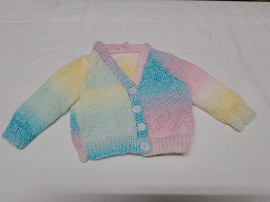Baby 0-6 months bright multicoloured hand knitted cardigan