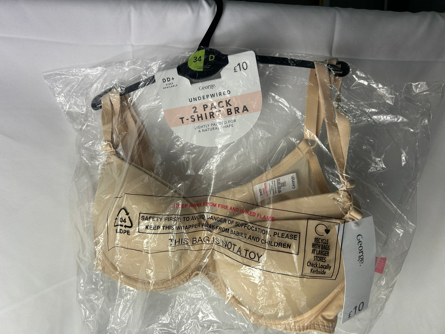 Ladies size 34D - Beige Padded T-Shirt Bra 2 pack - George@Asda