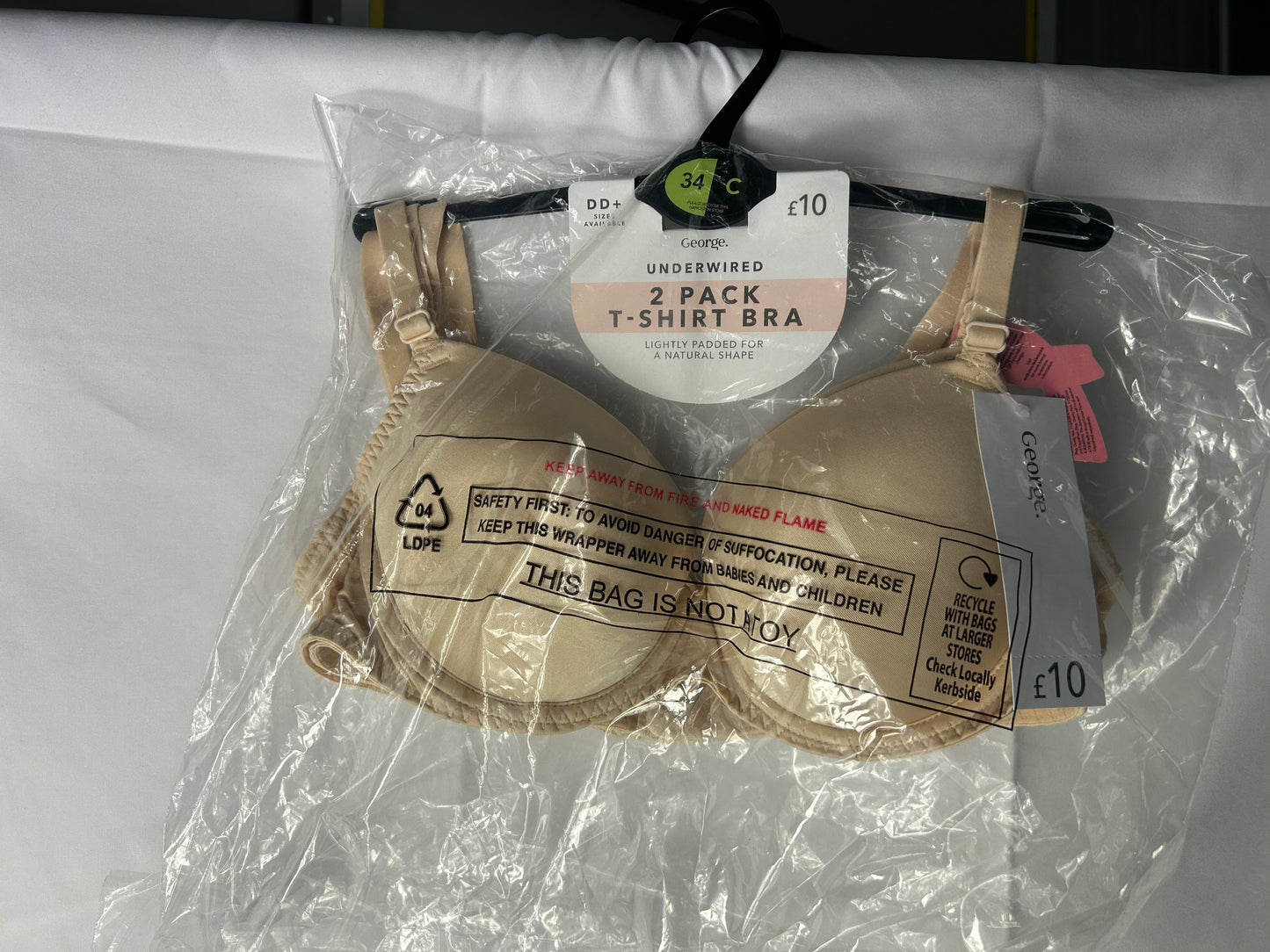Ladies size 34C - Beige Padded T-Shirt Bra 2 pack - George@Asda