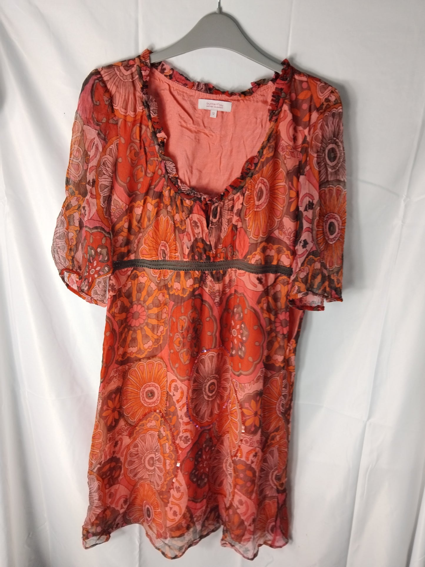 Ladies short dress / long top - Butterfly orange paisley print dress - Size 12