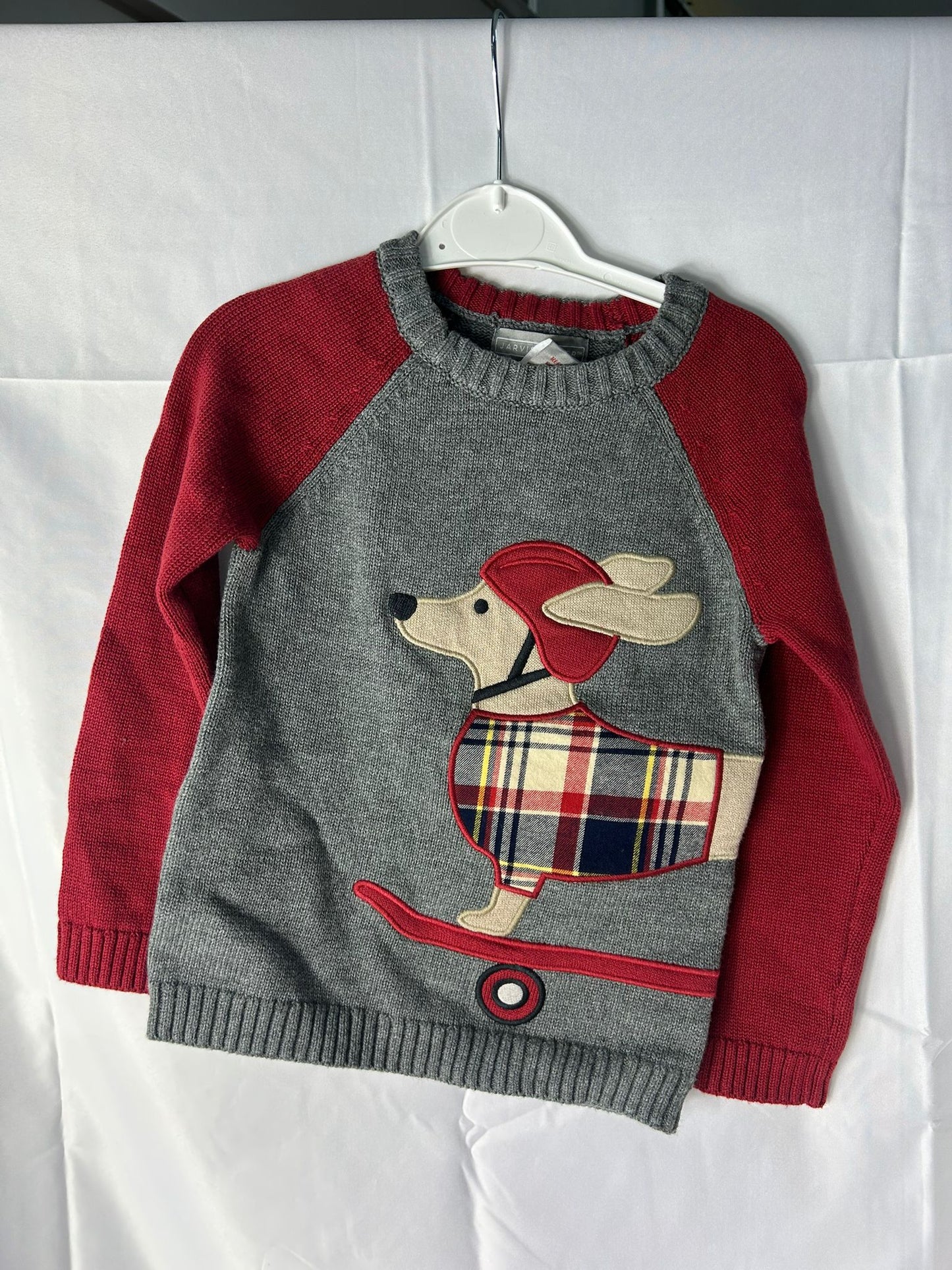 Kids JARVIS ARCHER Jumper Grey red sausage dog - Age 2-3 Years