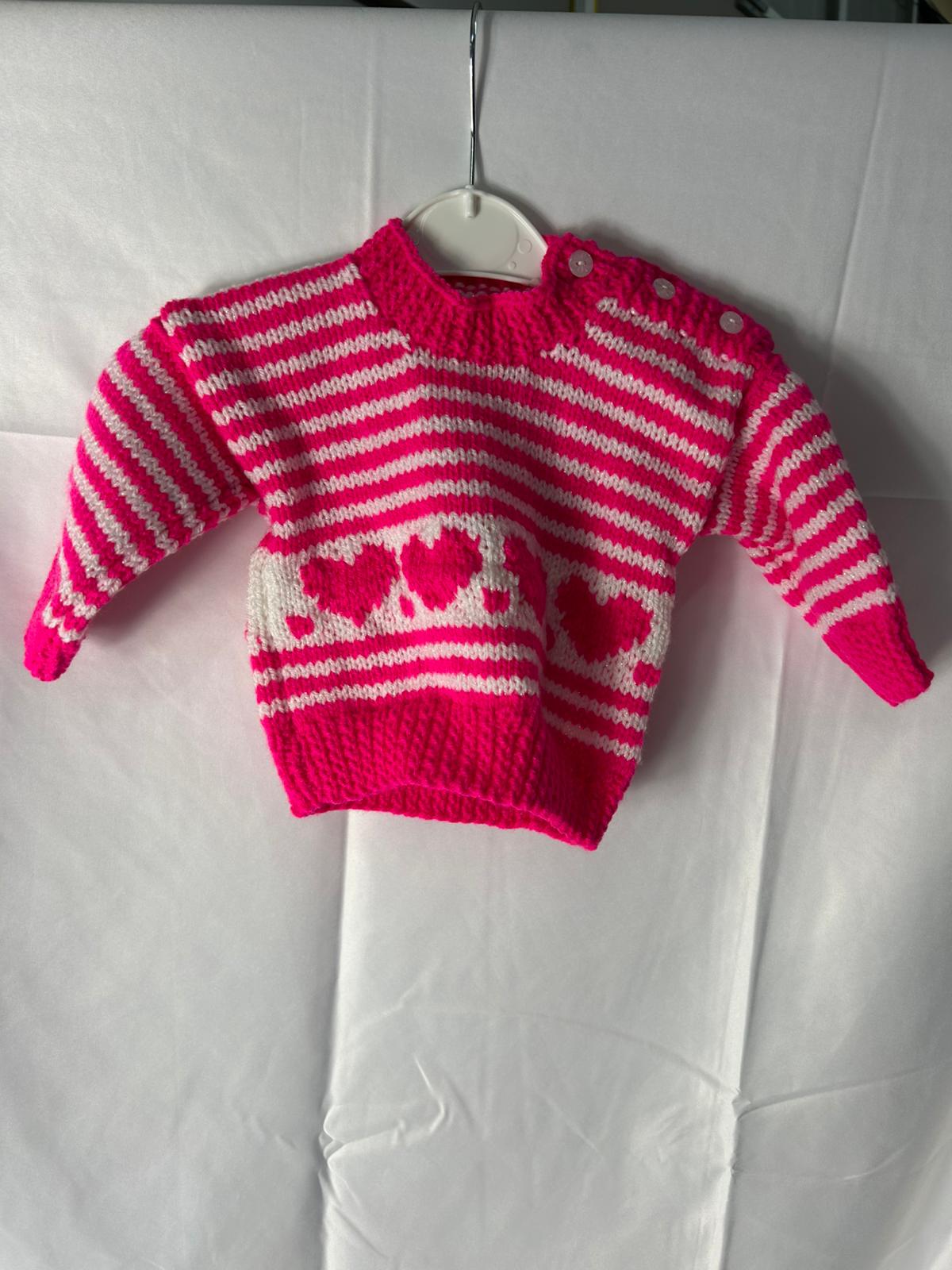 Baby Girls Cardigan Hot Pink Stripes and Hearts  - Age 0-6 Months