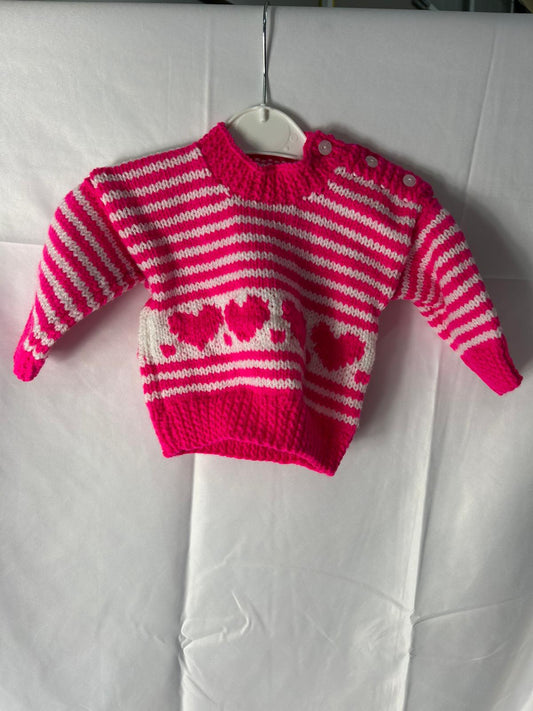 Baby Girls Cardigan Hot Pink Stripes and Hearts  - Age 0-6 Months