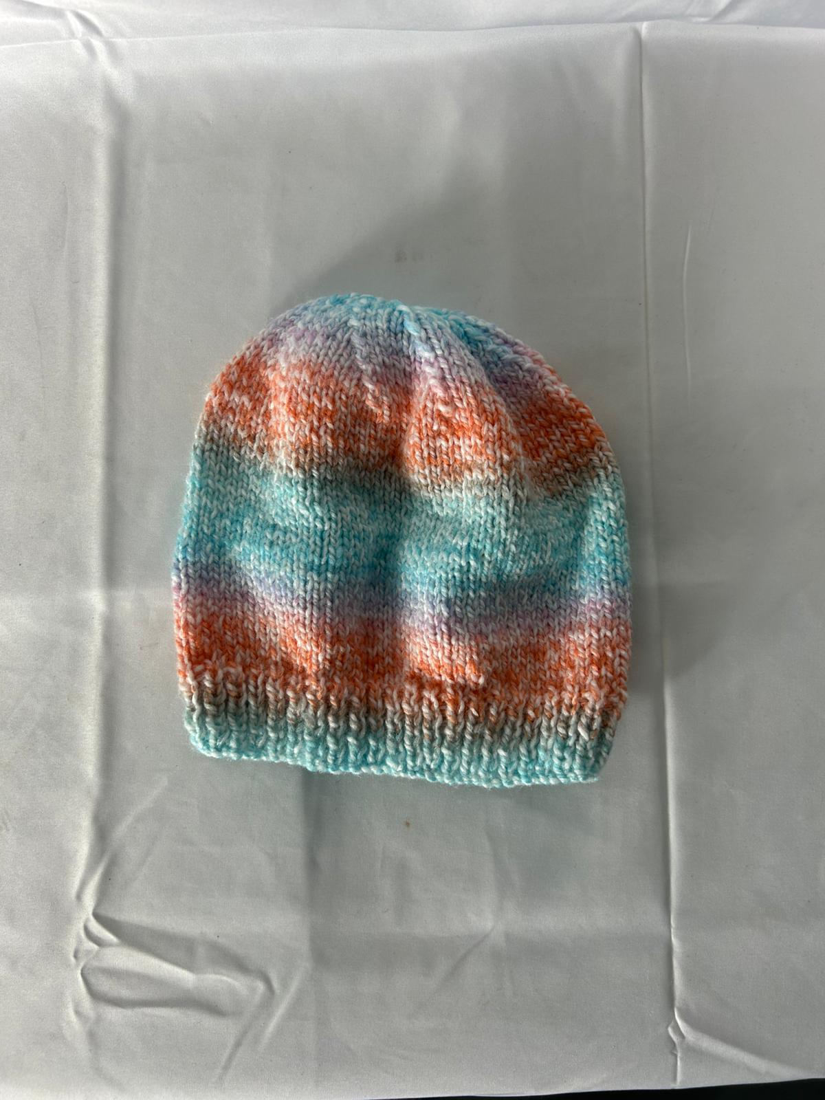 Baby Hat Knitted Blue Orange Stripes