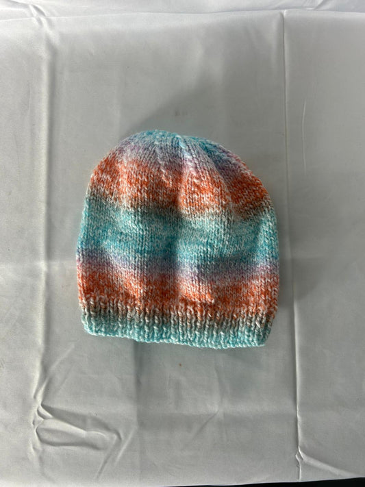 Baby Hat Knitted Blue Orange Stripes